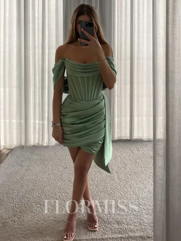 Sheath Off-the-Shoulder Pleated Short/Mini Silk Like Satin Corset Dress
