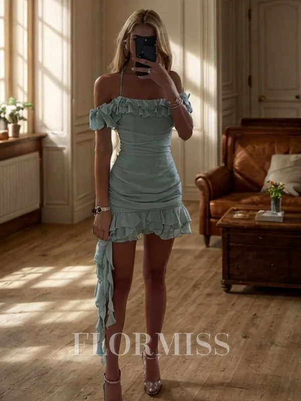 Sheath Cold Shoulder Ruffles Short/Mini Chiffon Dress