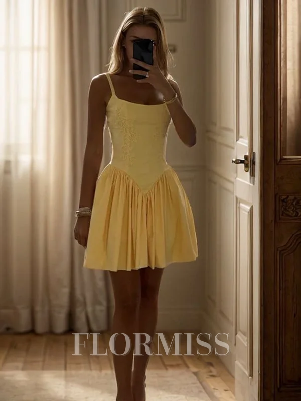 A-line Straps Pleated Short/Mini Taffeta Dress