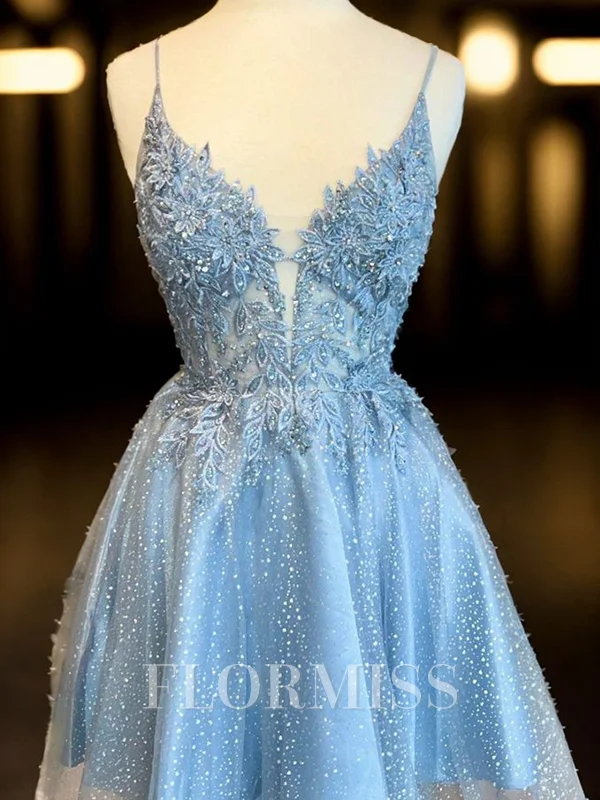 A-line V-neck Appliques Lace Short/Mini Satin Dress