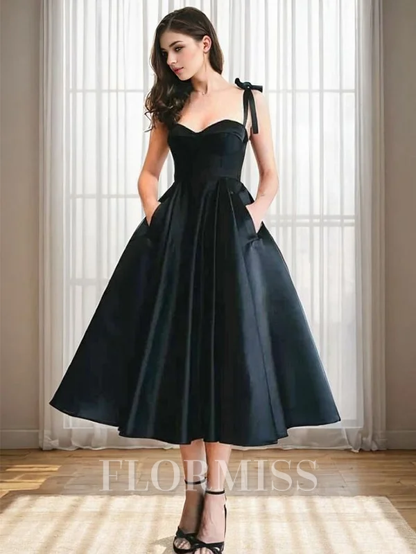 A-line Sweetheart Ruffles Tea-Length Satin Dress