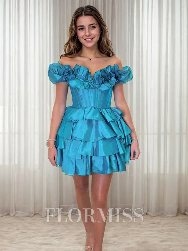 A-line Off-the-Shoulder Cascading Ruffles Short/Mini Taffeta Corset Dress