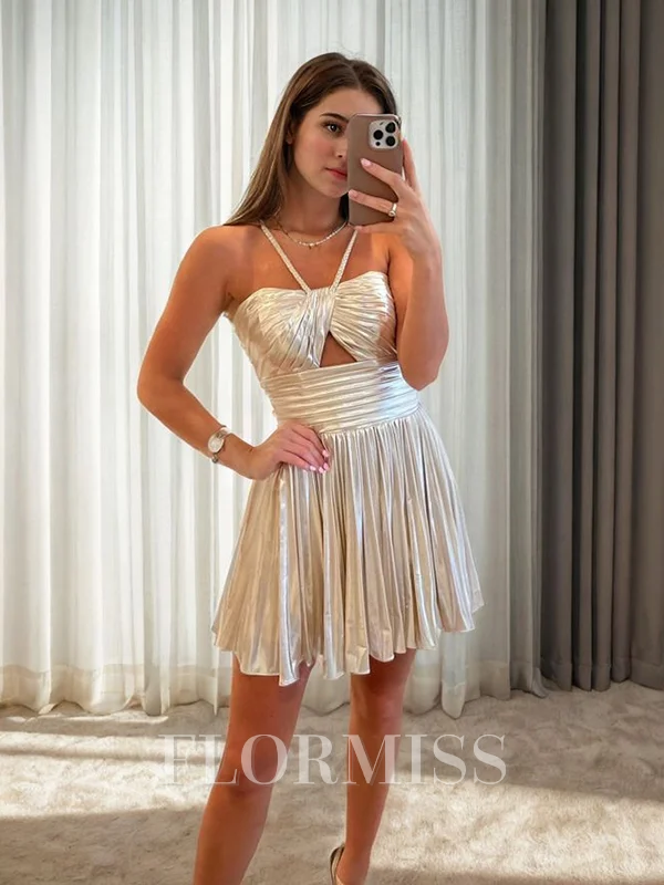 A-line Halter Ruffles Short/Mini Metallic Satin Dress