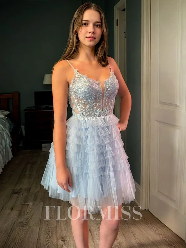 A-line Spaghetti Straps Appliques Lace Short/Mini Tulle Corset Dress