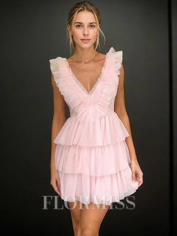 A-line V-neck Cascading Ruffles Short/Mini Tulle Dress