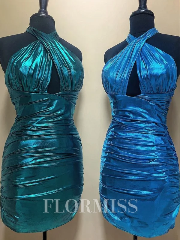 Sheath Halter Pleated Short/Mini Metallic Satin Dress