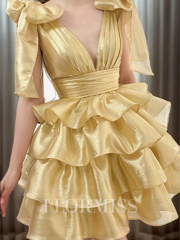 A-line V-neck Cascading Ruffles Short/Mini Dress