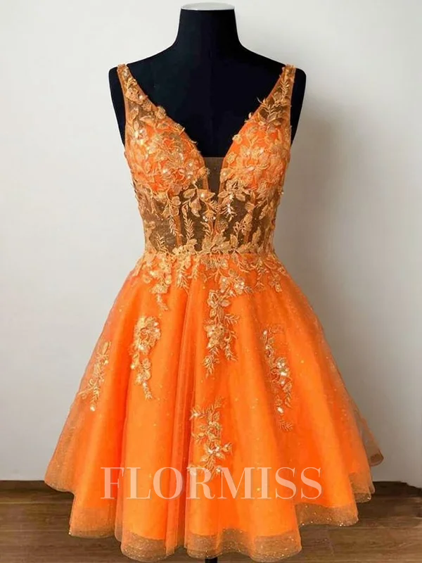 A-line V-neck Appliques Lace Short/Mini Tulle Corset Dress