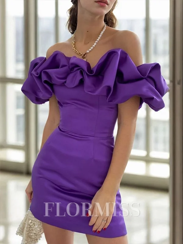 Sheath Off-the-Shoulder Pleated Short/Mini Satin Dress