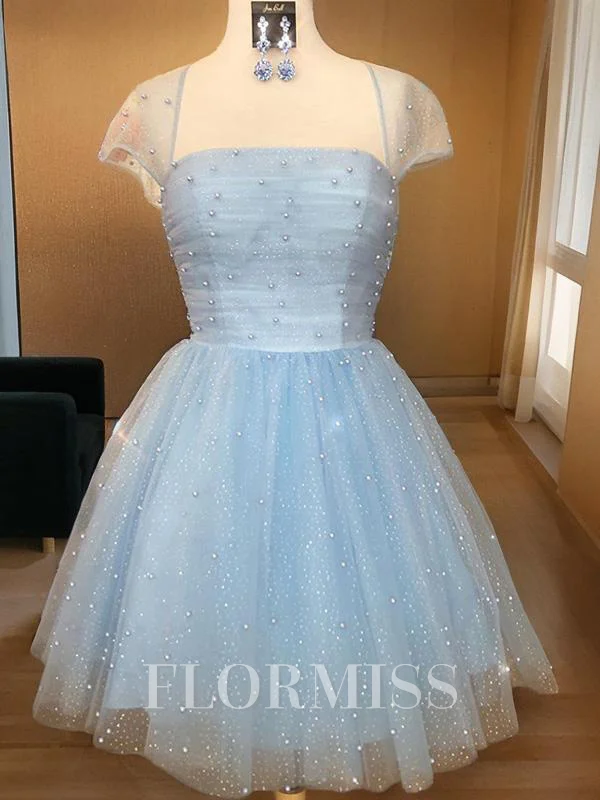 A-Line/Princess Strapless Short/Mini Tulle Homecoming Dresses With Beading