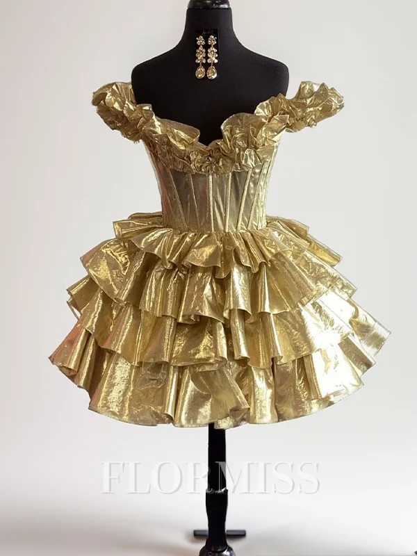 A-line Off-the-Shoulder Cascading Ruffles Short/Mini Corset Dress