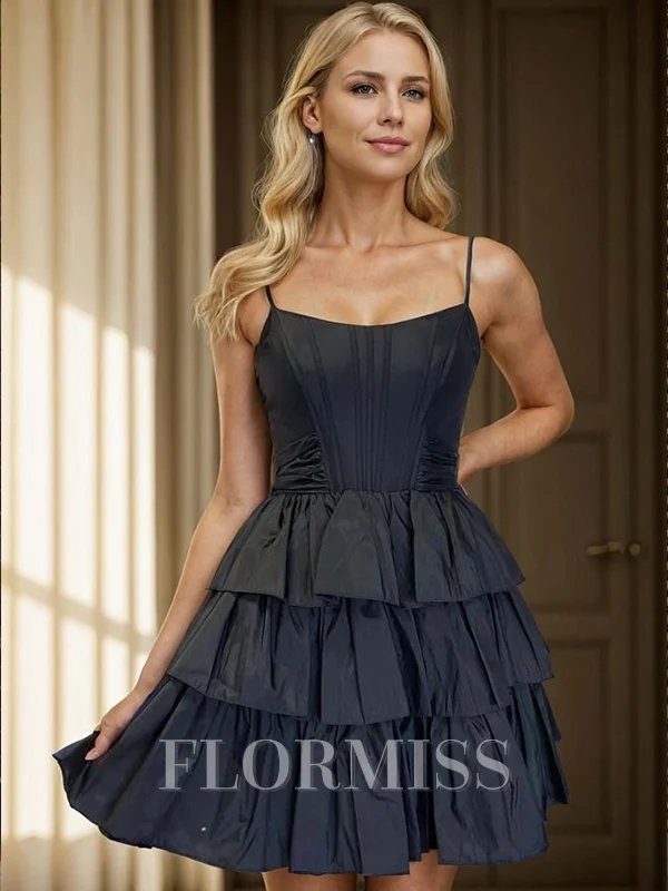 A-line Spaghetti Straps Cascading Ruffles Short/Mini Taffeta Corset Dress