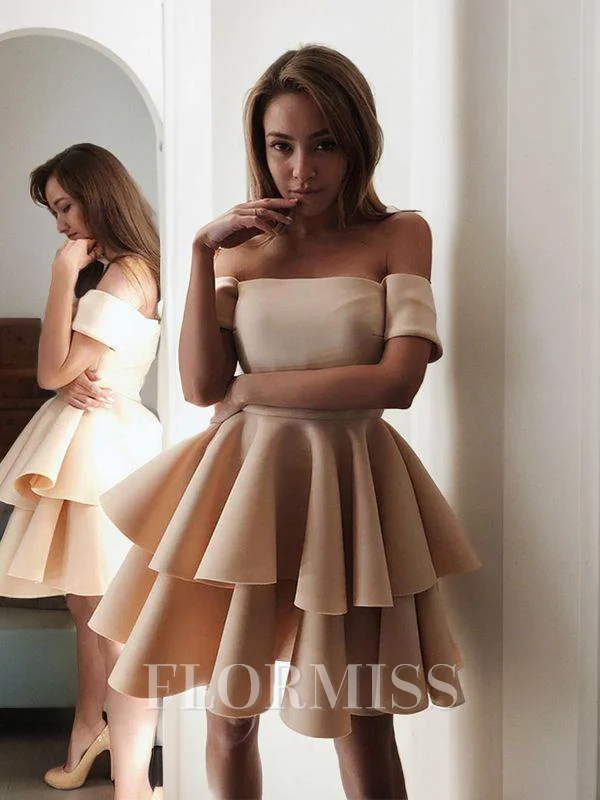 A-Line/Princess Off-the-Shoulder Short/Mini Satin Homecoming Dresses