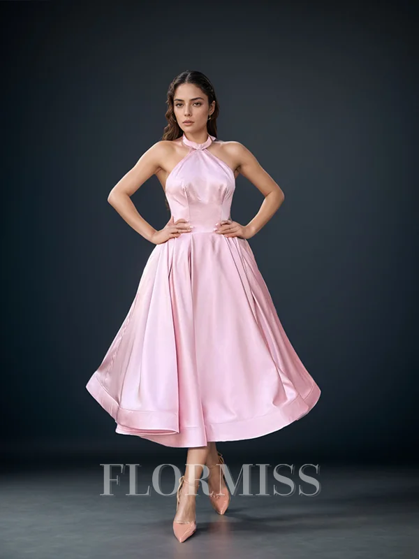 A-line Halter Bow Tea-Length Satin Dress