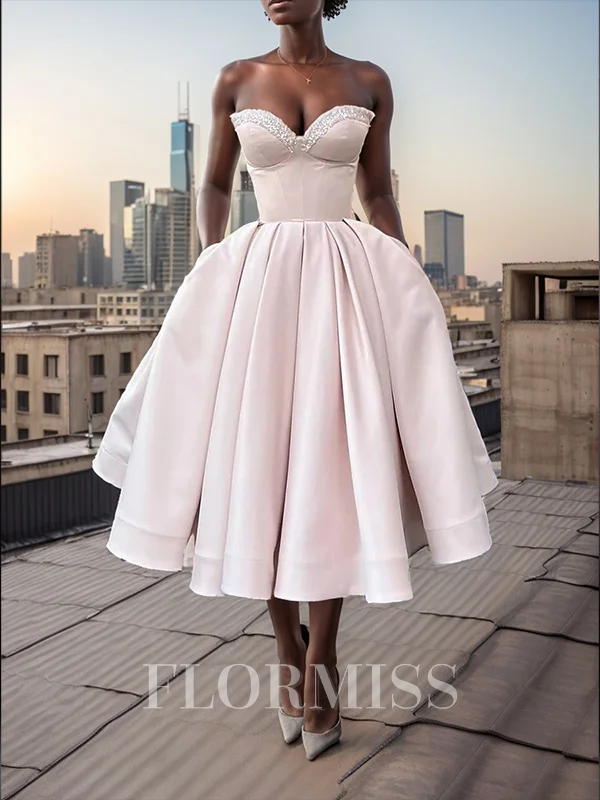 A-line Sweetheart Sequin Tea-Length Satin Dress