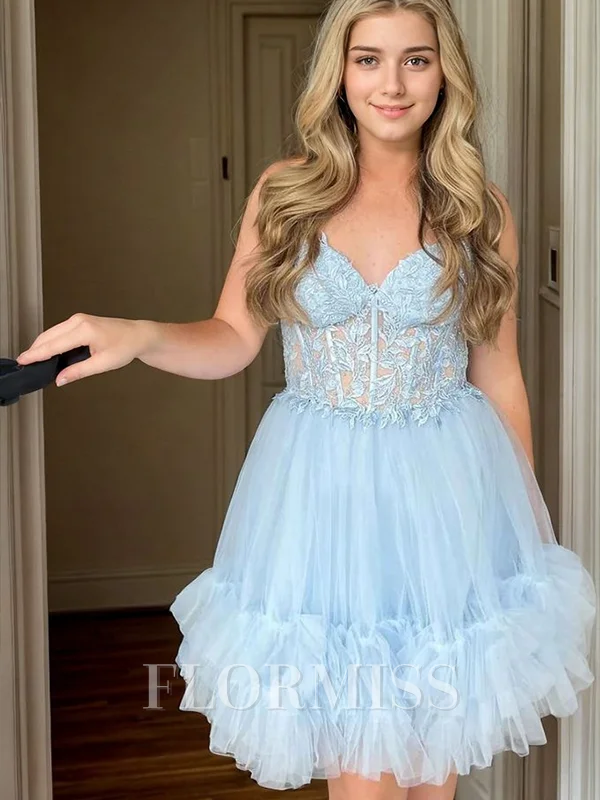 A-line V-neck Appliques Lace Short/Mini Tulle Corset Dress