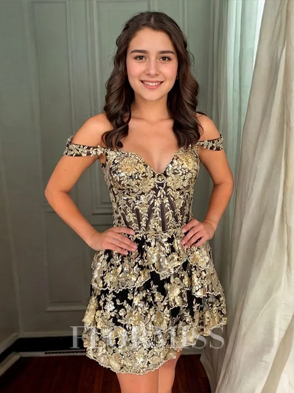 A-line Off-the-Shoulder Appliques Lace Short/Mini Tulle Corset Dress