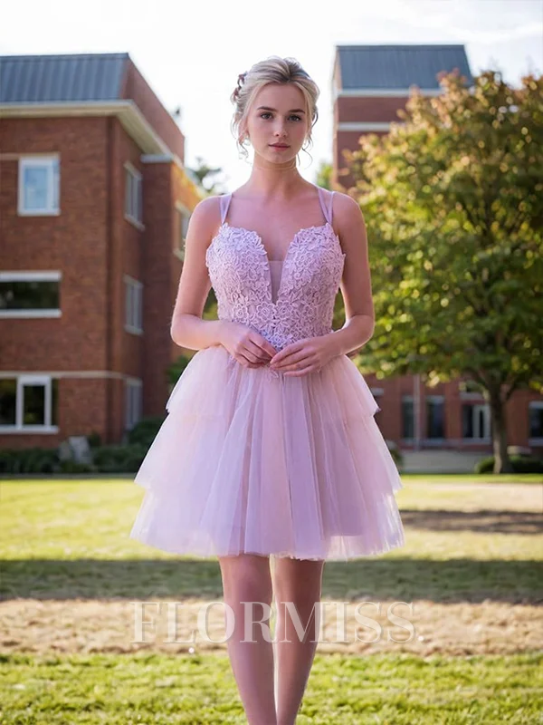 A-line Spaghetti Straps Appliques Lace Short/Mini Tulle Dress