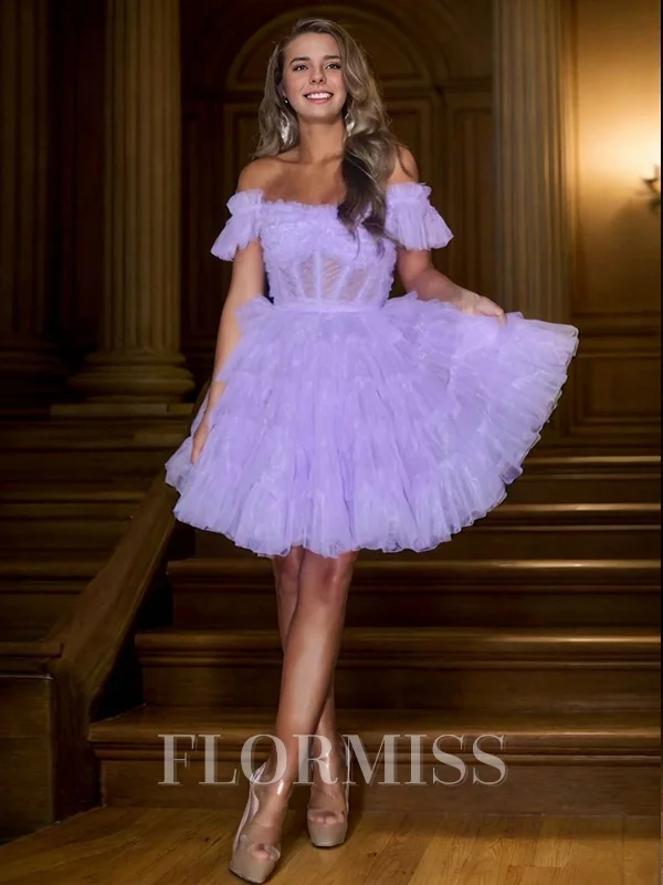 A-line Off-the-Shoulder Short Sleeves Bow Short/Mini Tulle Corset Dress