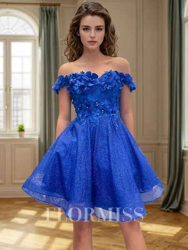 A-line Off-the-Shoulder Flower Short/Mini Dress