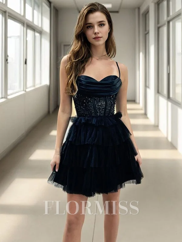 A-line Spaghetti Straps Cascading Ruffles Short/Mini Tulle Corset Dress