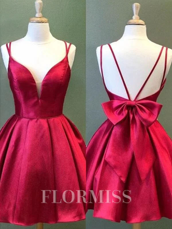 A-Line/Princess Spaghetti Straps Short/Mini Satin Homecoming Dresses With Bow