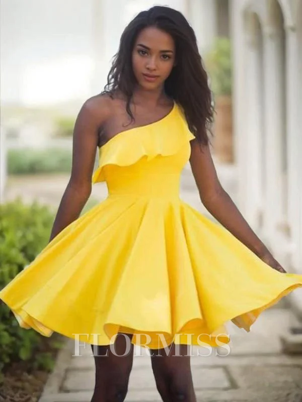 A-Line/Princess One-Shoulder Short/Mini Satin Homecoming Dresses With Ruffles