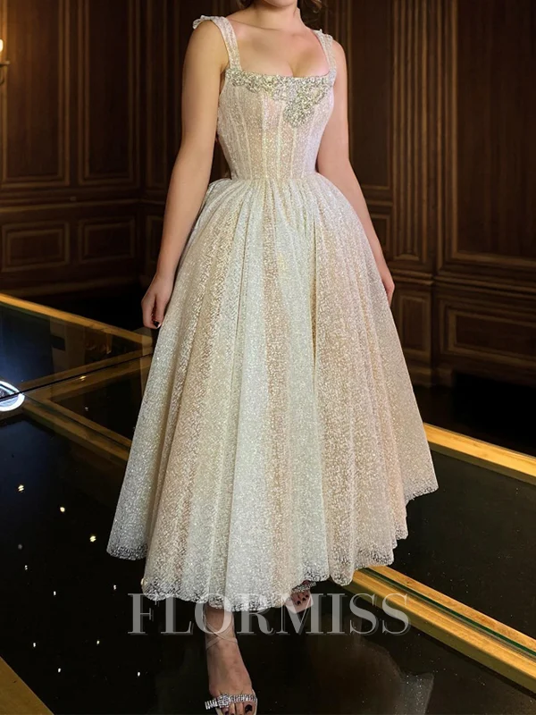 A-line Straps Beading Tea-Length Corset Dress