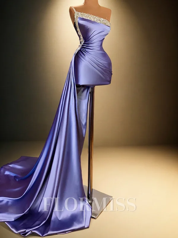 Sheath One-Shoulder Rhinestone Short/Mini Silk Like Satin Dress