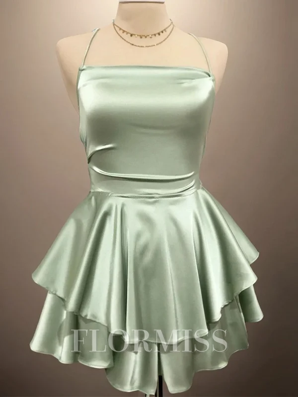 A-line Spaghetti Straps Cascading Ruffles Short/Mini Silk Like Satin Dress