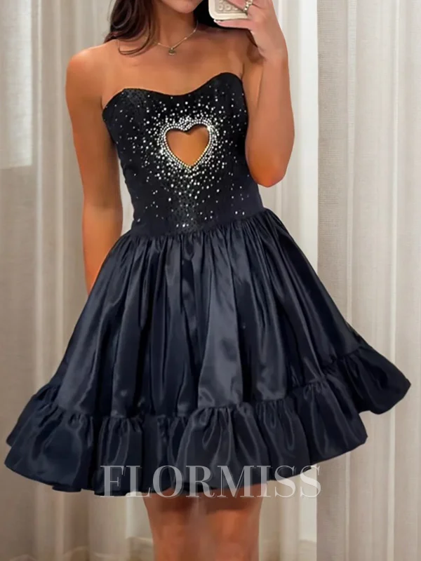 A-line Straight Rhinestone Short/Mini Silk Like Satin Dress