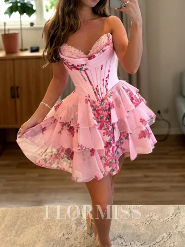 A-line Sweetheart Cascading Ruffles Short/Mini Corset Dress