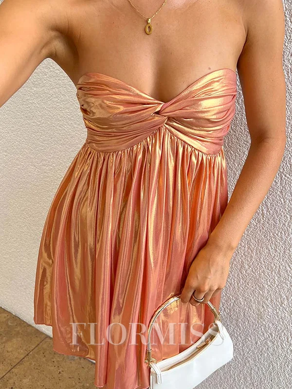 A-line Sweetheart Ruffles Short/Mini Metallic Satin Dress