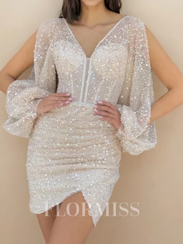 Sheath V-neck Long Sleeves Pleated Short/Mini Corset Dress