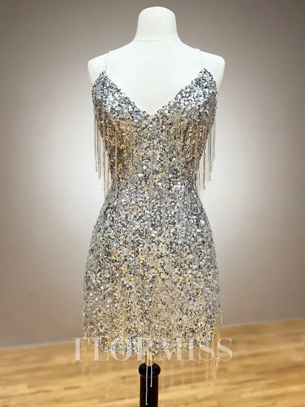 Sheath Spaghetti Straps Sequin Short/Mini Dress