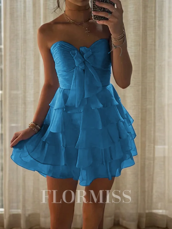 A-line Sweetheart Cascading Ruffles Short/Mini Chiffon Corset Dress