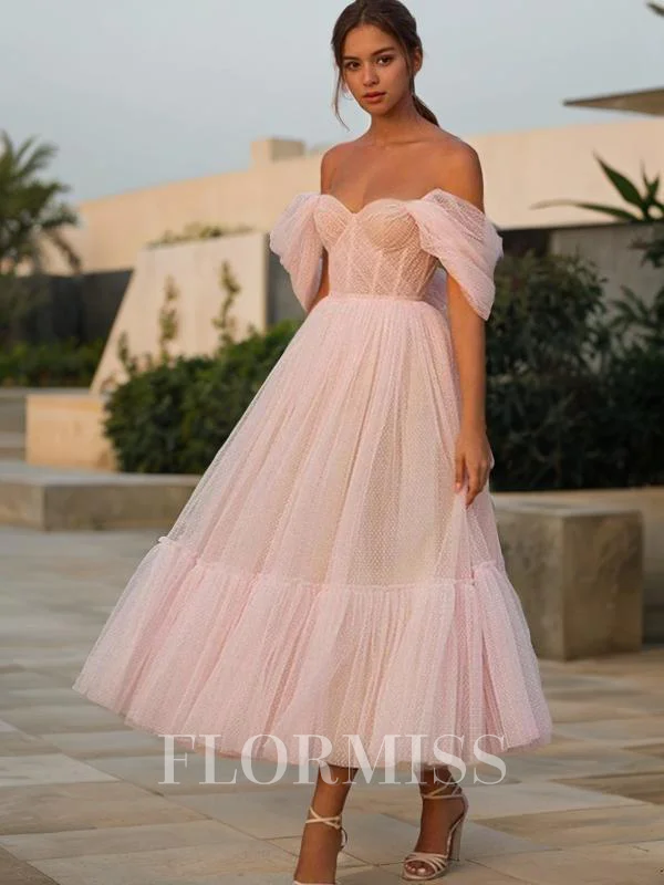 A-Line/Princess Off-the-Shoulder Tea-Length Tulle Homecoming Dresses With Ruffles