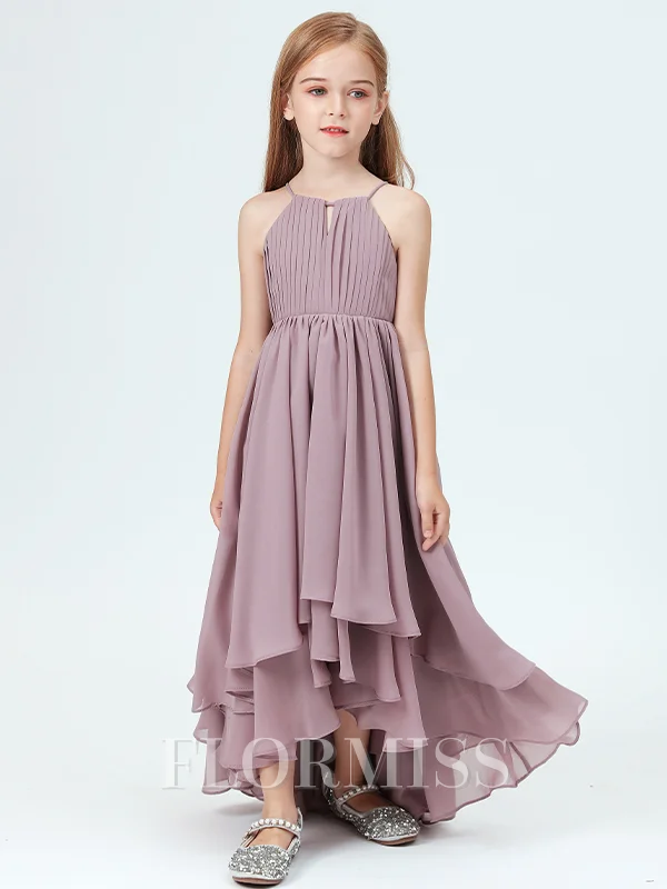 A-Line/Princess Halter Asymmetrical Chiffon Junior Bridemaid Dresses With Ruffles
