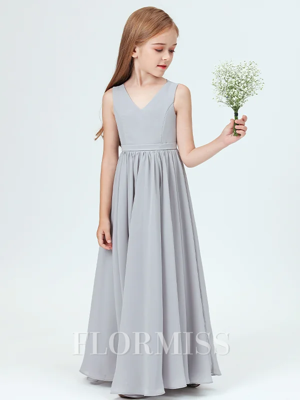 A-Line/Princess V-neck Ankle-Length Chiffon Junior Bridemaid Dresses