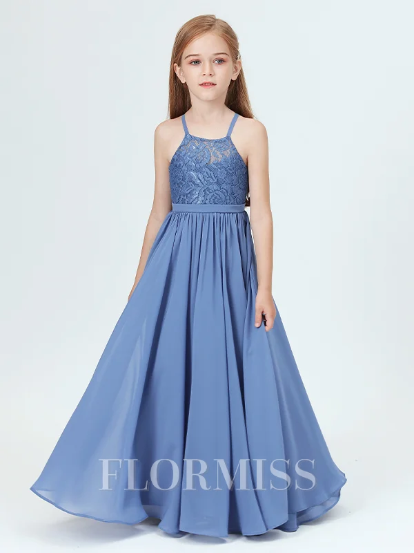 A-Line/Princess Halter Floor-Length Chiffon Junior Bridemaid Dresses
