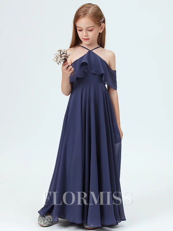 A-Line/Princess Halter Ankle-Length Chiffon Junior Bridemaid Dresses With Ruffles