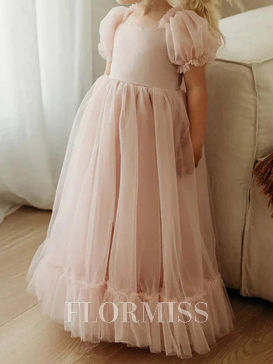 A-line Square Short Sleeves Bowknot Floor-Length Tulle Flower Girl Dress