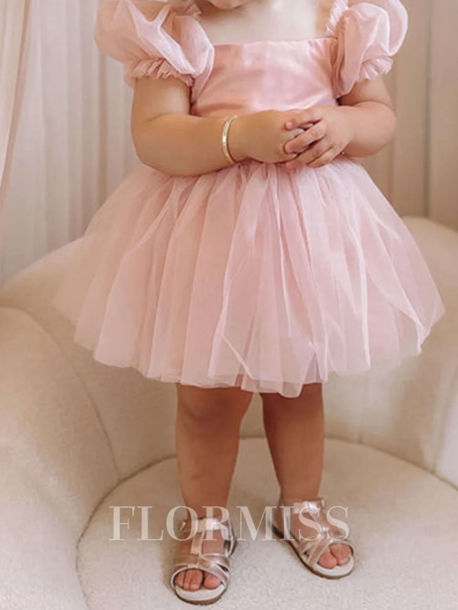 A-line Square Short Sleeves Bowknot Knee-Length Tulle Flower Girl Dress