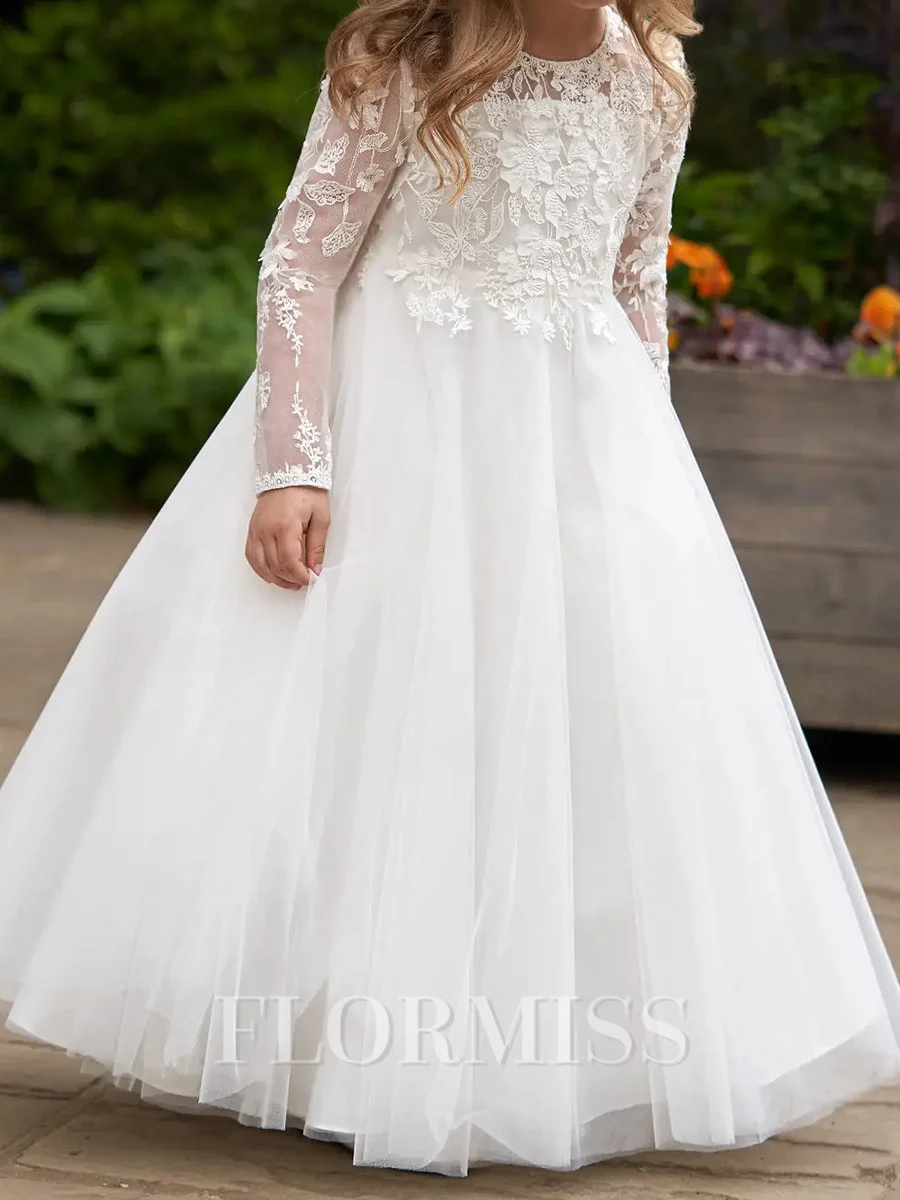 A-line Scoop Long Sleeves Lace Floor-Length Tulle Flower Girl Dress