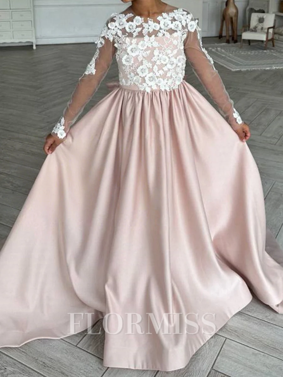 A-line Scoop Long Sleeves Bowknot Court Train Satin Flower Girl Dress