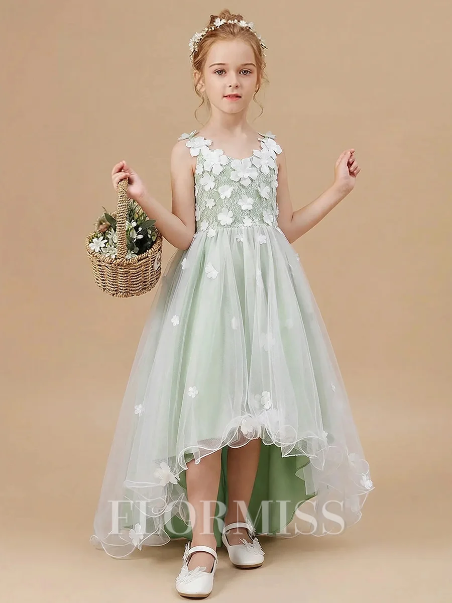 A-line Straps Bowknot Asymmetrical Tulle Flower Girl Dress