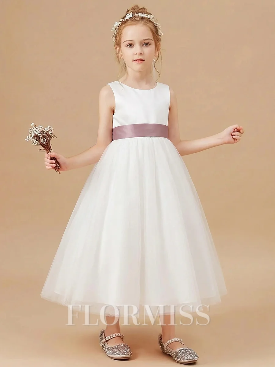 A-line Scoop Bowknot Ankle-Length Tulle Flower Girl Dress