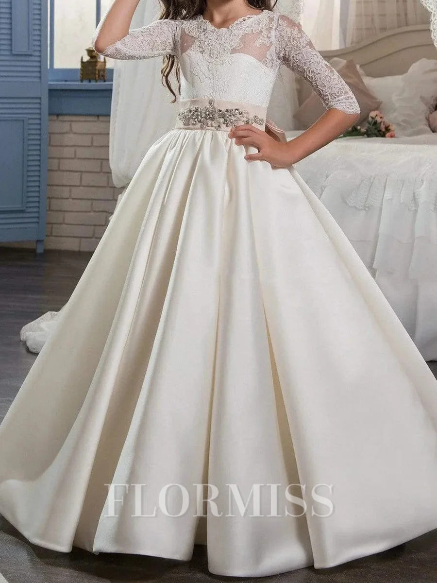 A-line Scoop 1/2 Sleeves Beading Floor-Length Satin Flower Girl Dress