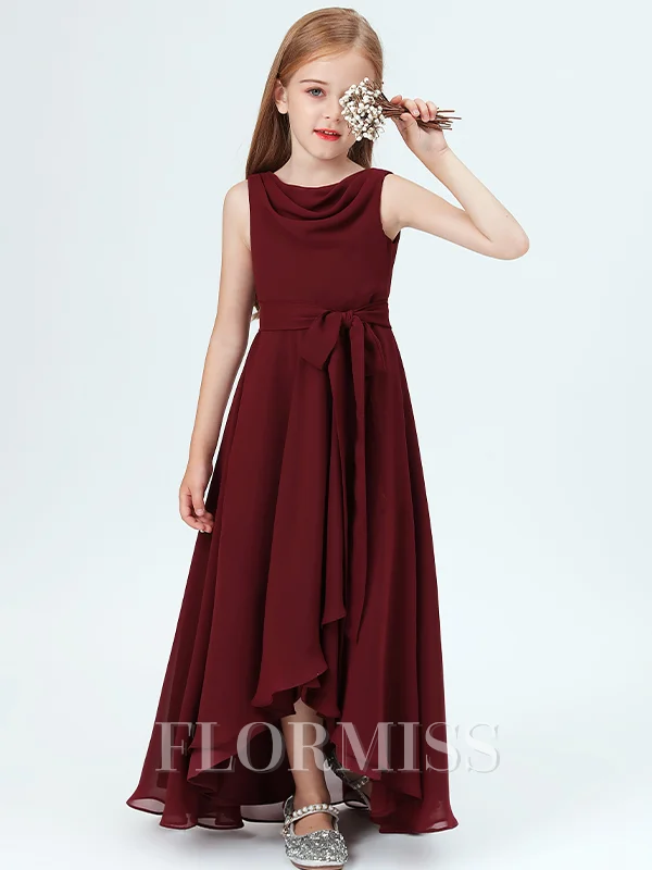 A-Line/Princess Scoop Asymmetrical Chiffon Junior Bridemaid Dresses With Belt/Sash