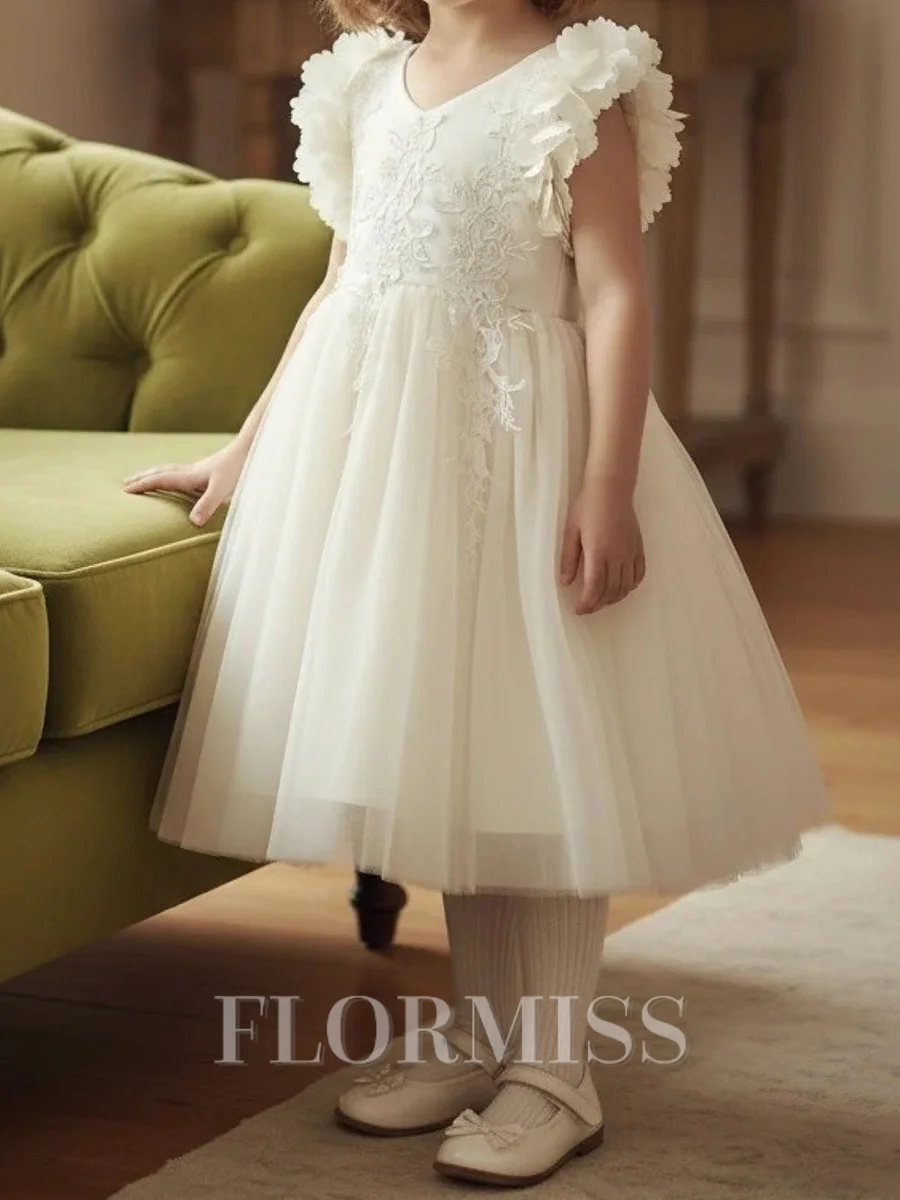 A-line V-neck Applique Tea-Length Tulle Flower Girl Dress